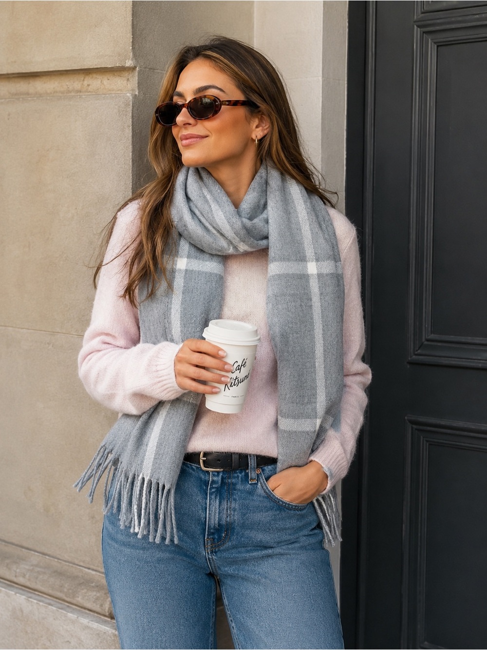J.Crew Factory Classic Plaid Scarf Heather Dusk Gray Ivory Fringe